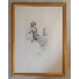 Maurice Millière (1871-1946) « Elégante Au Chien Yorkshire » Gravure En Taille Douce 