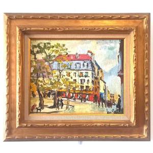 Jean Bougret (1922-1979) "place De La Contrescarpe à Paris" Huile Sur Toile