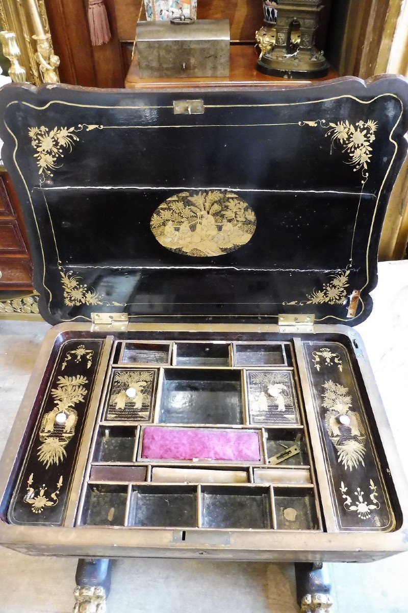 Work Table In Black Lacquered Wood With Gold Decor In Chinese Taste, Victorian Period-photo-3