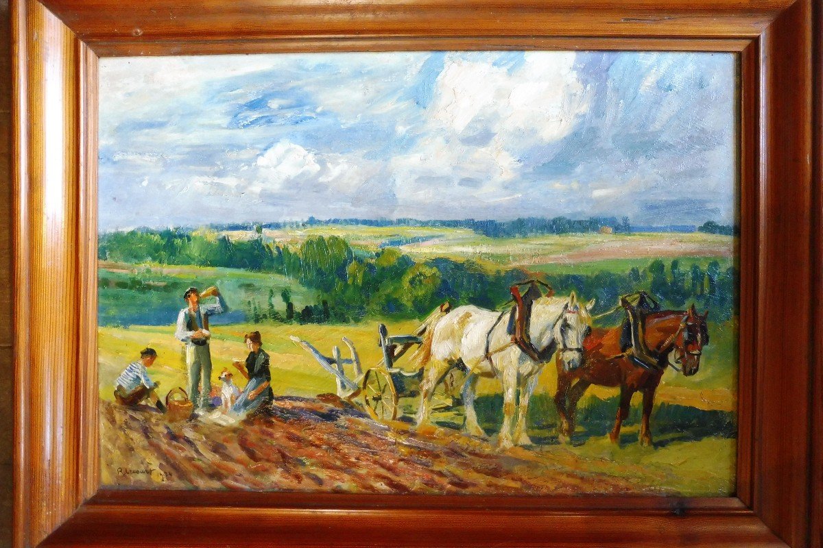 Oil On Panel  Signed Raymond Lecourt "scene Of Labors"