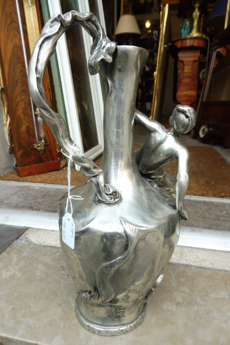 Art Nouveau Pewter Ewer Signed Alfred Barye-photo-2