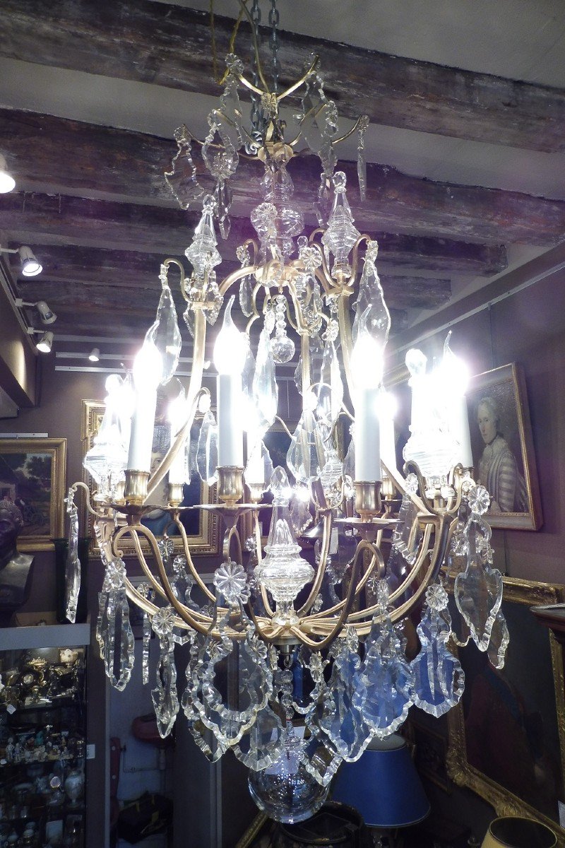 Nine Light Cage Chandelier, Bronze Frame, Crystal Trim, 19th Century-photo-2