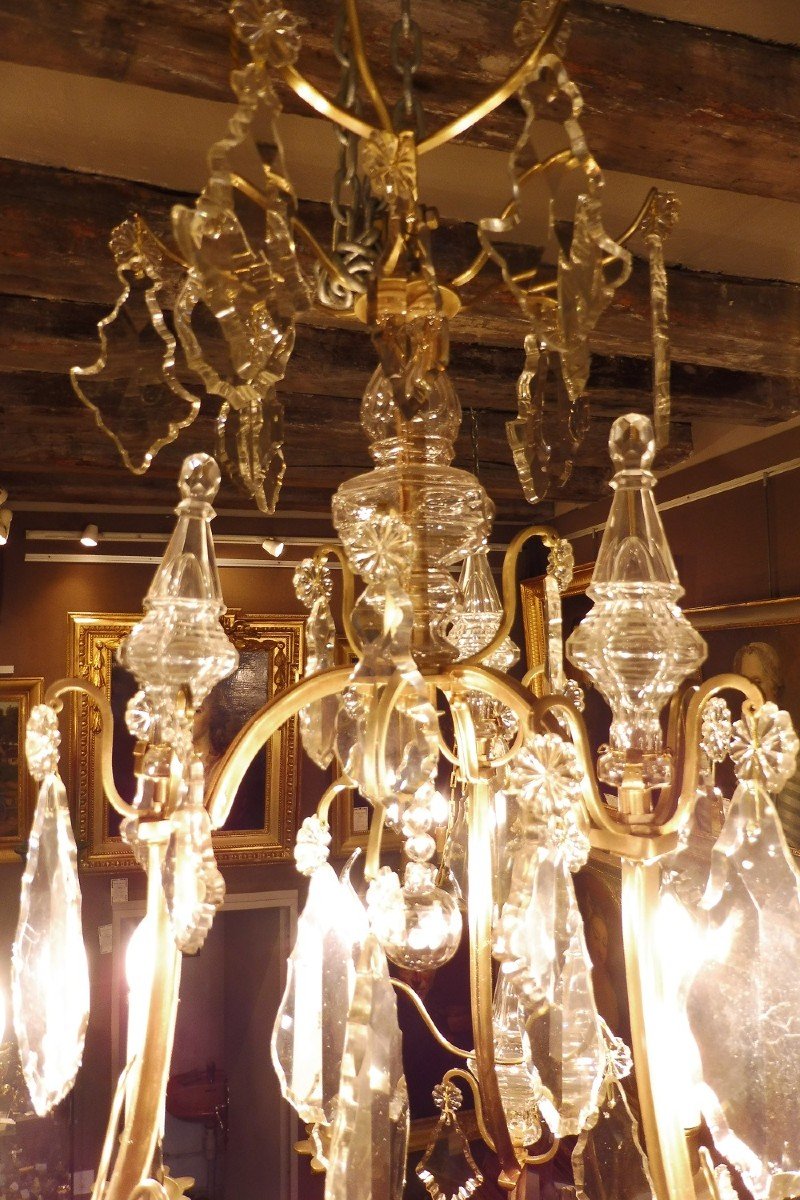 Nine Light Cage Chandelier, Bronze Frame, Crystal Trim, 19th Century-photo-4