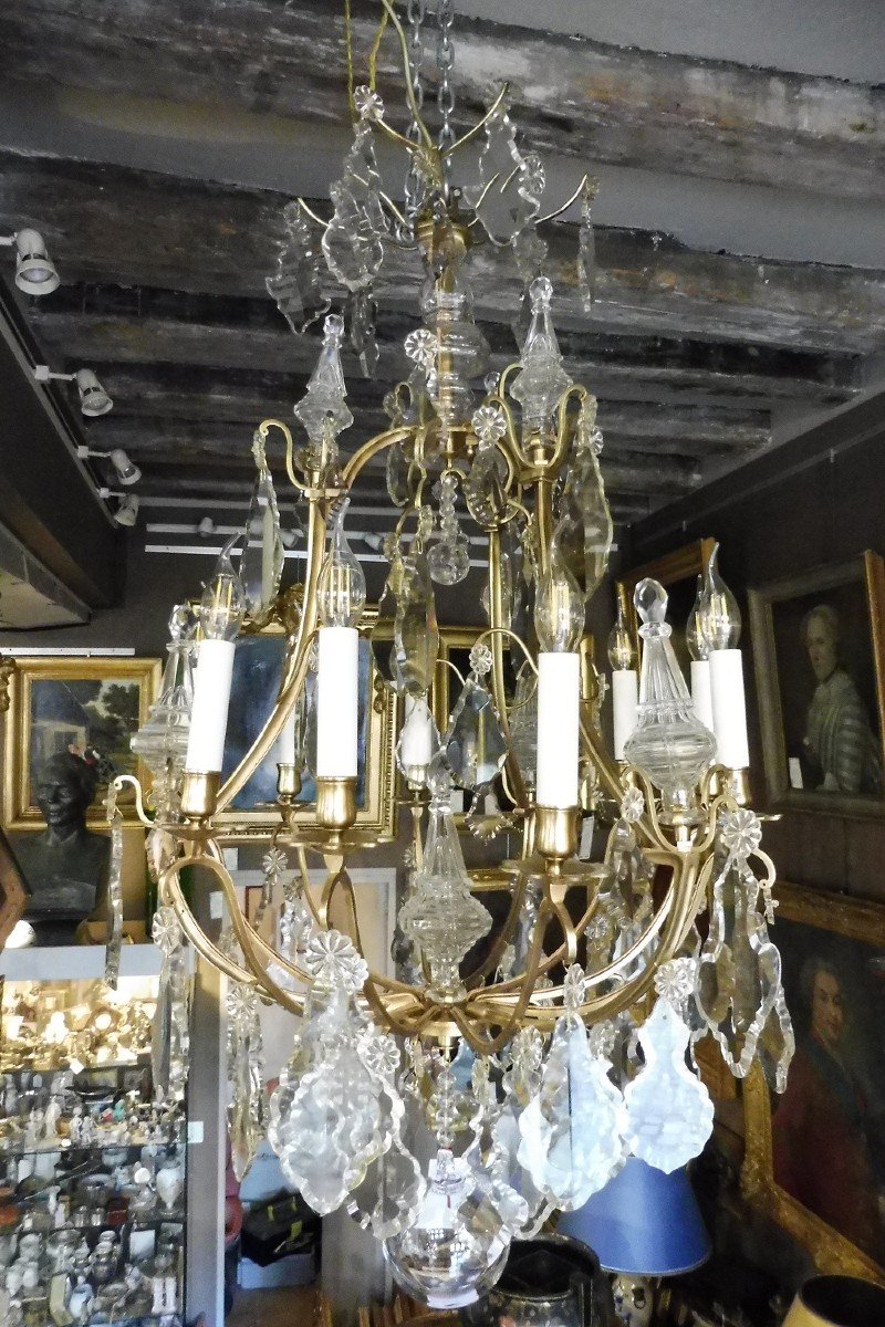 Nine Light Cage Chandelier, Bronze Frame, Crystal Trim, 19th Century