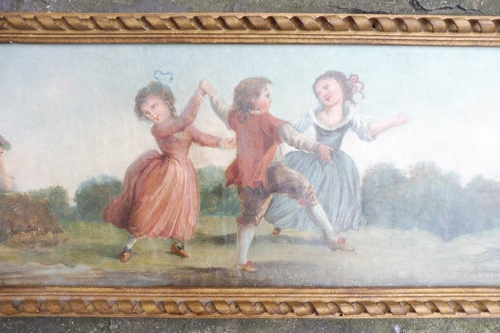 18th Century Framed Woodwork Canvas "scene Of Children Dancing In A Park" -photo-3