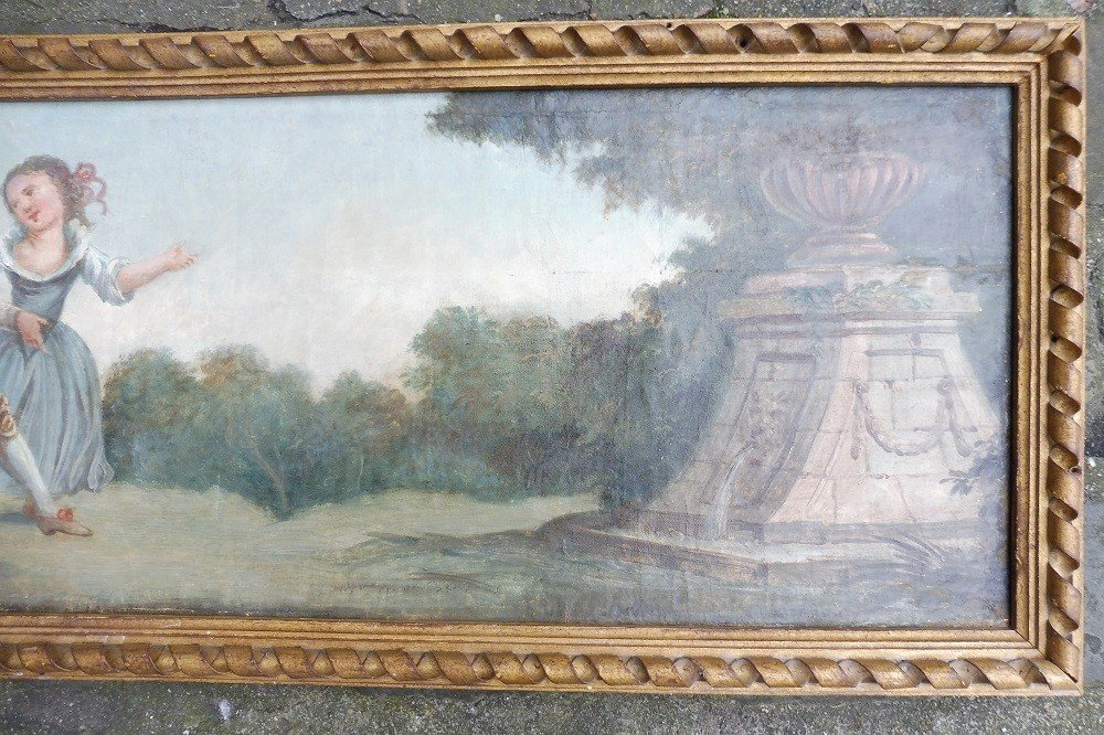 18th Century Framed Woodwork Canvas "scene Of Children Dancing In A Park" -photo-4