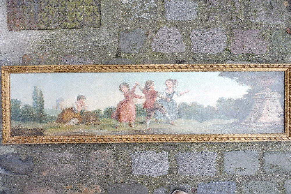 18th Century Framed Woodwork Canvas "scene Of Children Dancing In A Park" 