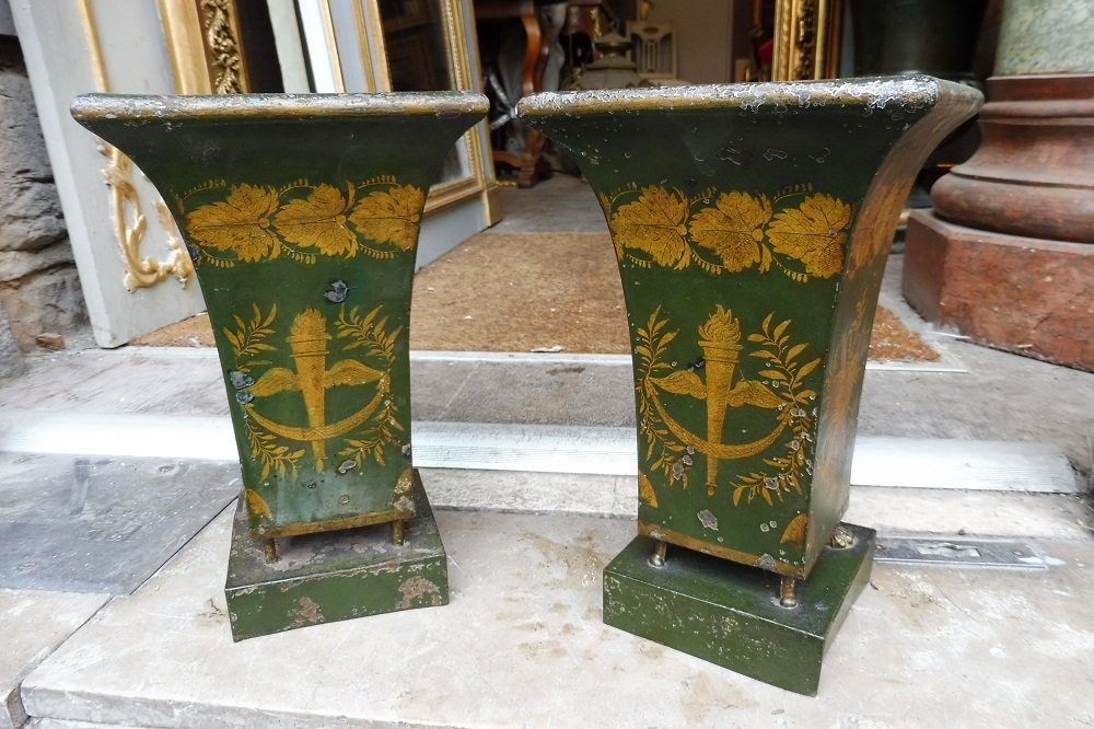 Paire  De Vases  En Tôle Laquée Vert Et Or  , époque   Empire -photo-3