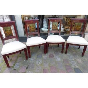 Suite Of Four Chairs In Red And Gold Lacquered Wood, Backrests Decorated With Painted Sheet Metal Plates