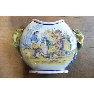 Quimper Earthenware Planter In Chinese Shape, Porquier Manufacture And Bannalec Decor