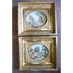Pair Of Painted Porcelain Plates In Their Empire Frames 