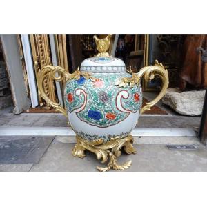 Kangxi Style Samson Porcelain Covered Pot Gilt Bronze Mounted