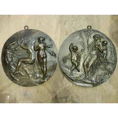 Pair Of Bronze Medallions Signed Clodion