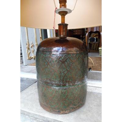 Lamp Base Formed Of A Chiseled Copper Bottle, Ancient Oriental Work