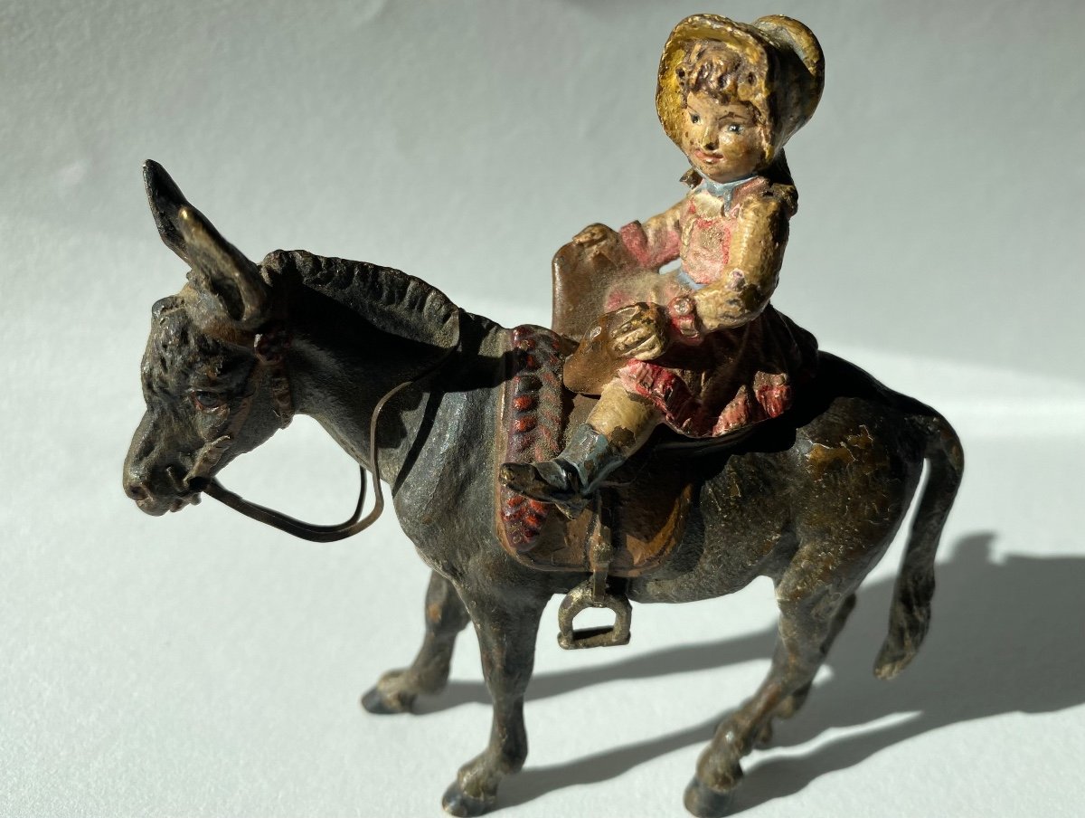 Ancien Bronze De Vienne, Un âne Portant Une Petite Fille -photo-2