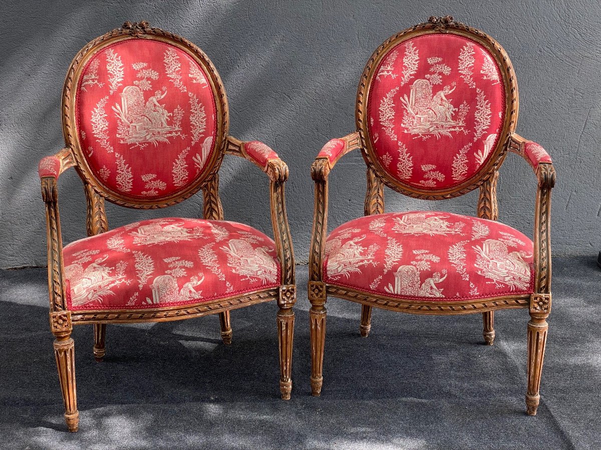 Late 19th Century Pair of Louis XVI Style Painted Arm Chairs