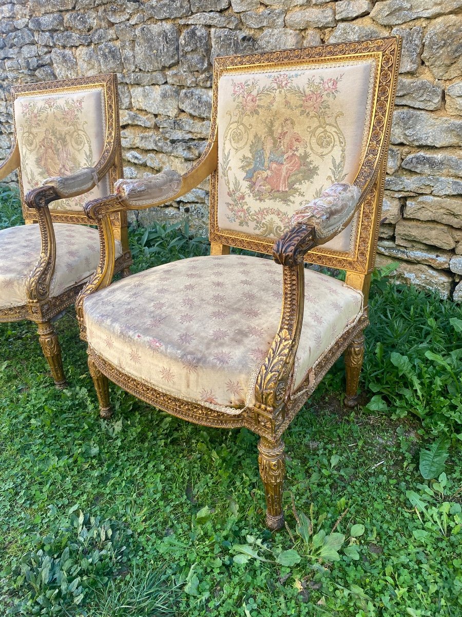 Pair Of Louis XVI Armchairs In Gilded Wood -photo-2