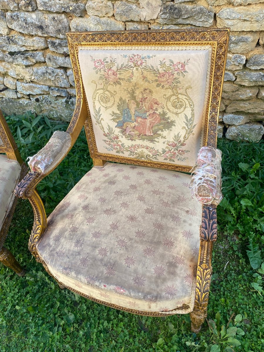 Pair Of Louis XVI Armchairs In Gilded Wood -photo-3