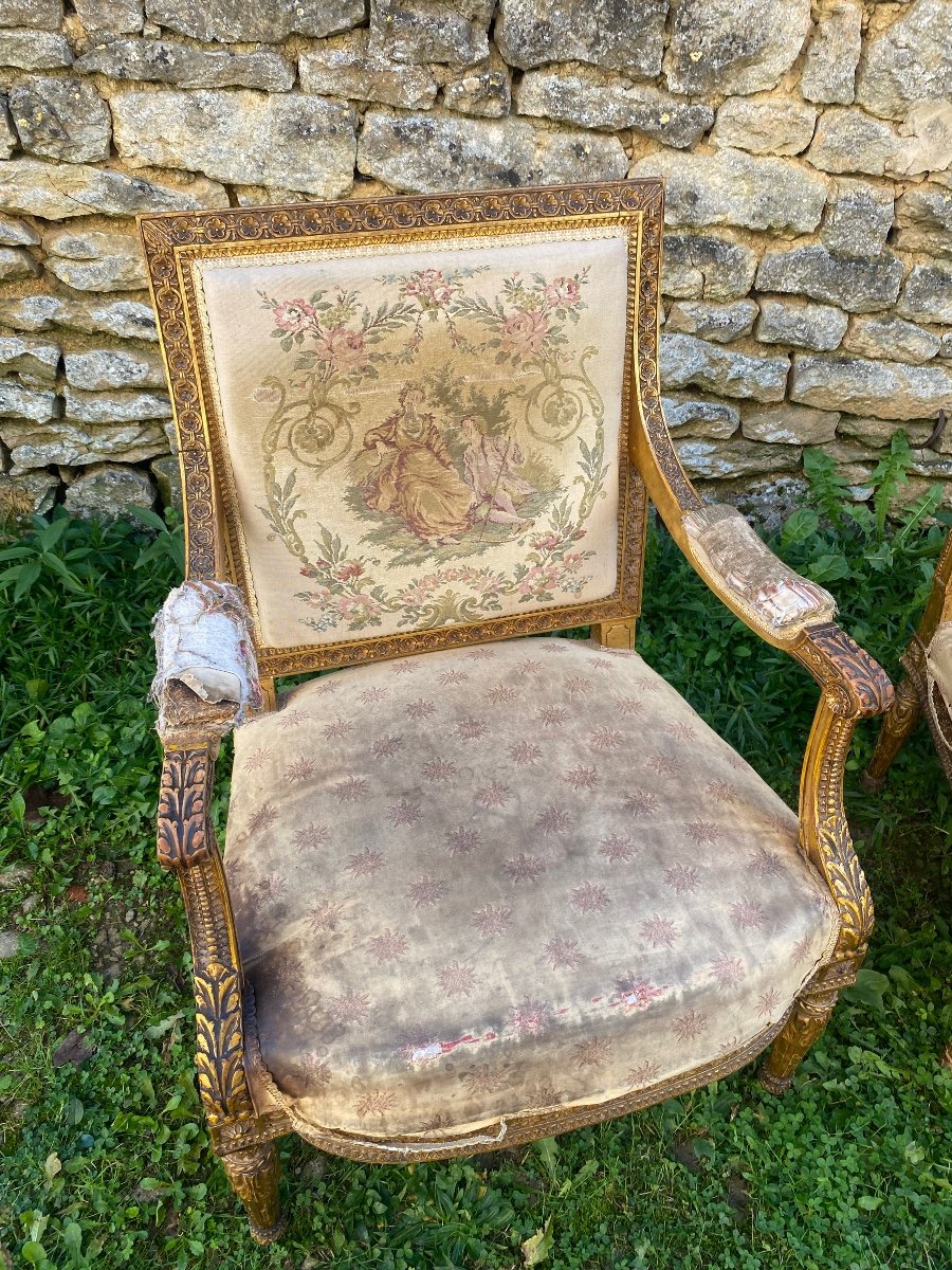 Pair Of Louis XVI Armchairs In Gilded Wood -photo-4