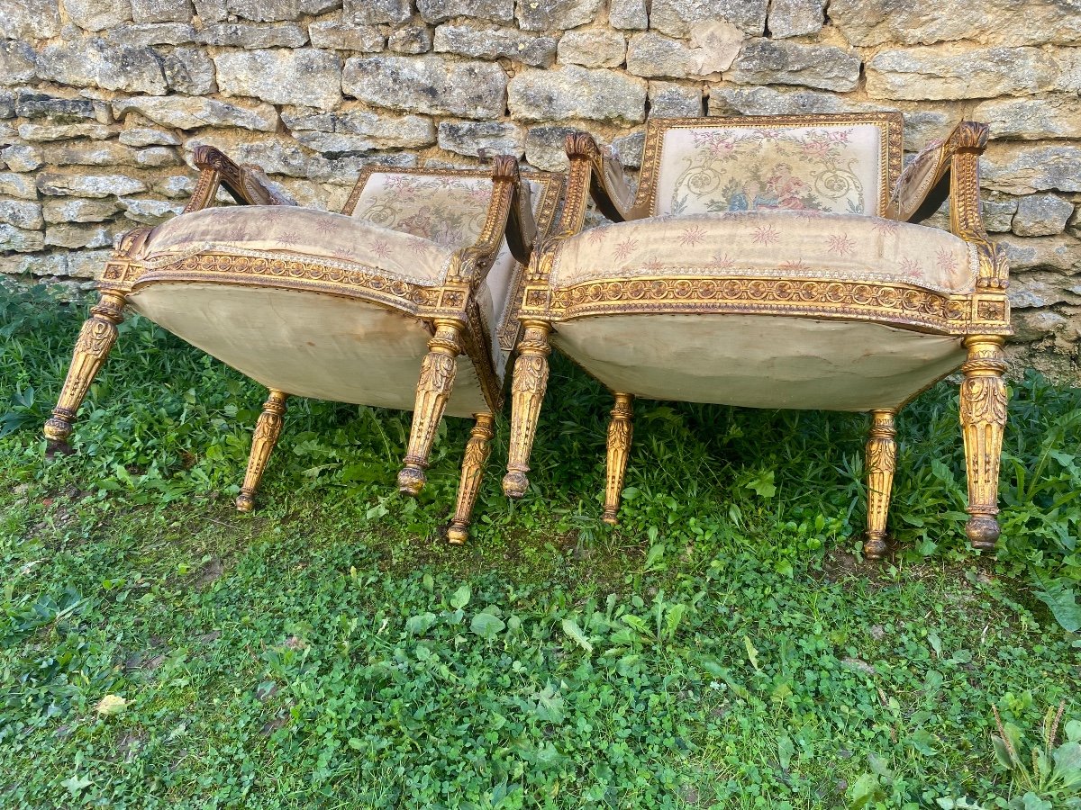 Pair Of Louis XVI Armchairs In Gilded Wood -photo-1