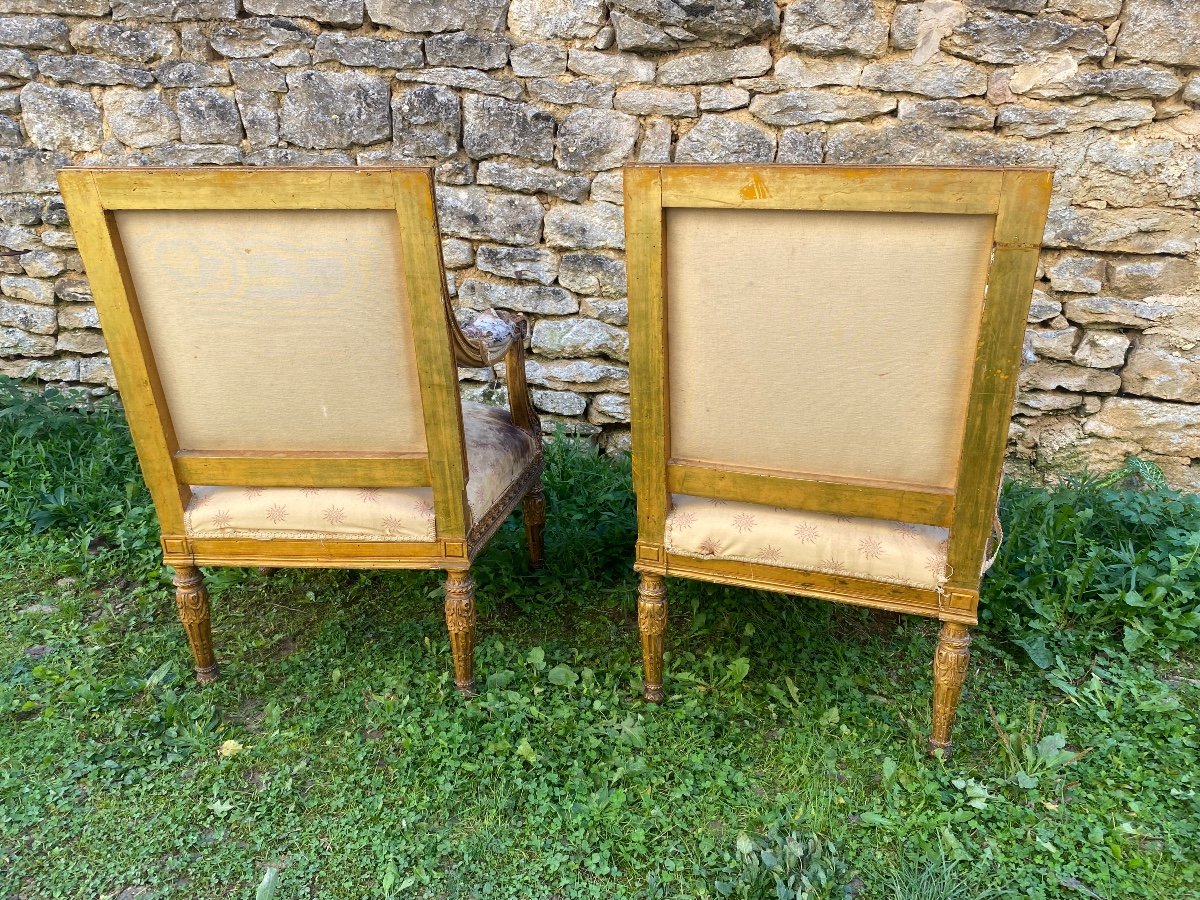 Pair Of Louis XVI Armchairs In Gilded Wood -photo-2