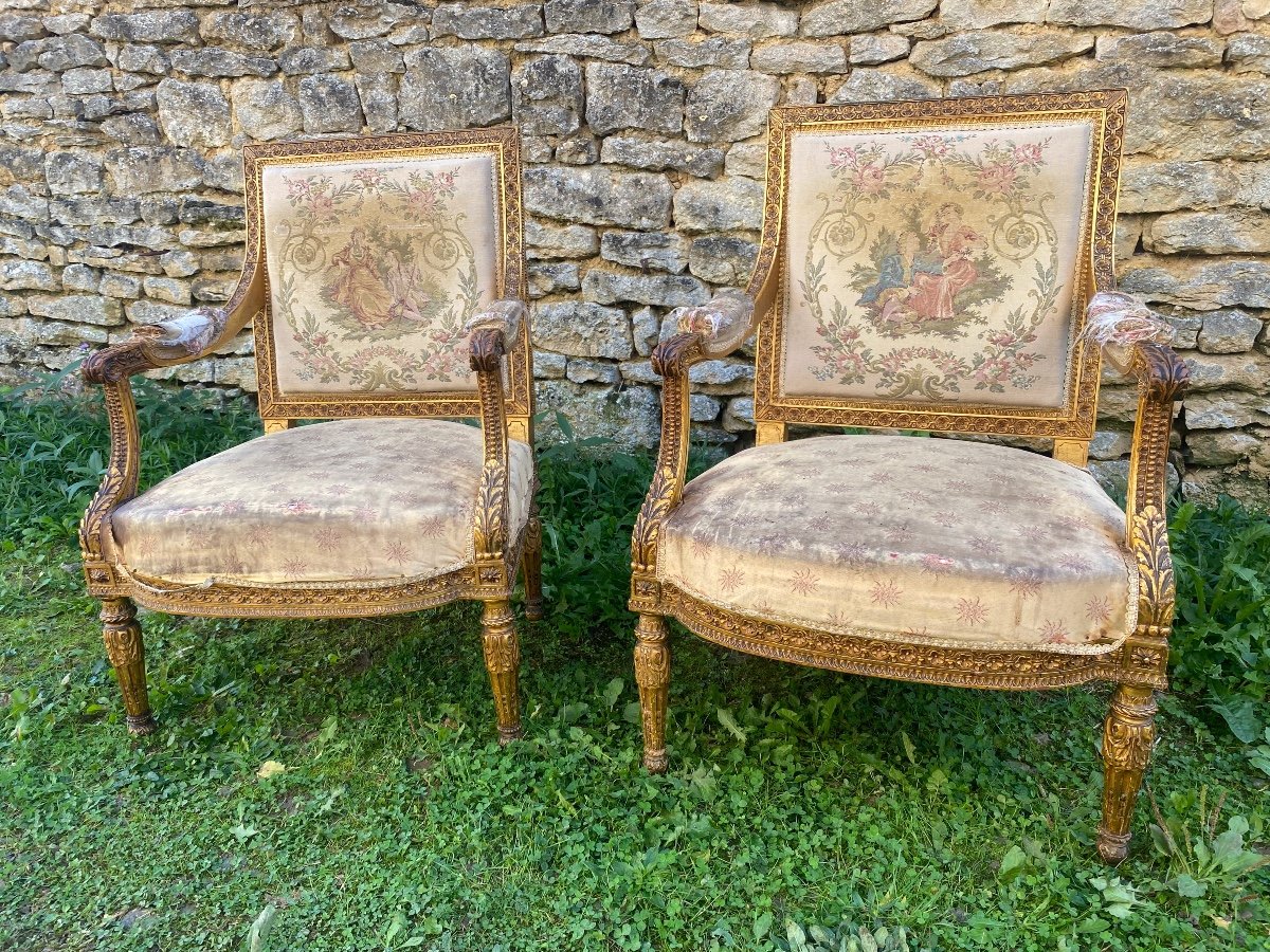 Pair Of Louis XVI Armchairs In Gilded Wood 