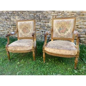 Paire De Fauteuils Louis XVI En Bois Doré 