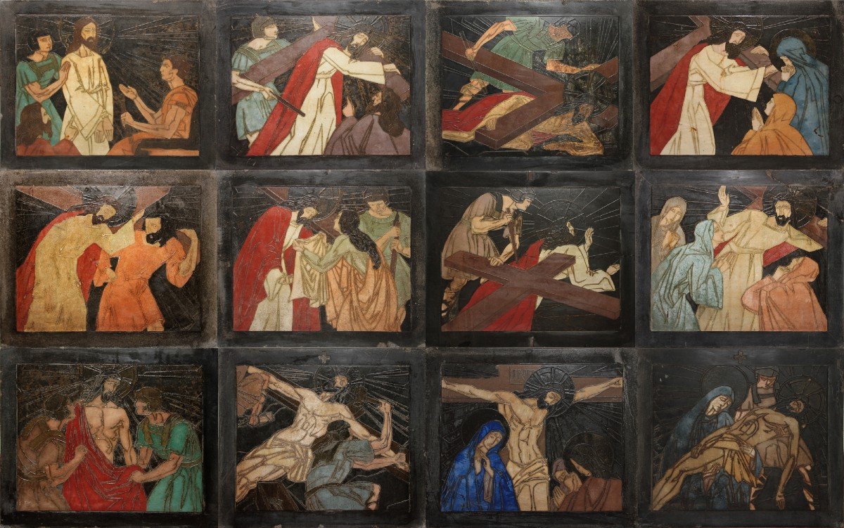 Remarkable Art Deco Stations Of The Cross In Lap By Jacques Grubert And Speranza Calo-sailles