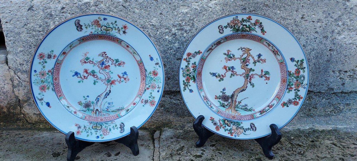 Belle Paire Assiettes Kangxi A l'Arbre d'Or. Vers 1700 famille verte