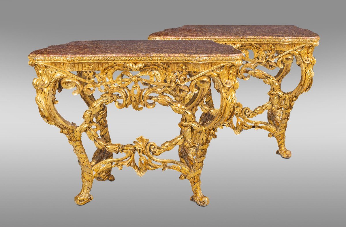 Pair Of Carved And Gilded Wooden Consoles. Parma, Italy. 18th Century