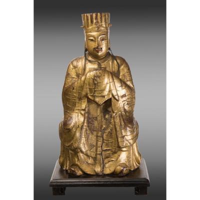 Figure De Dignataire Chinois En Bois Doré Et Peinte. Dixhuitieme Siecle