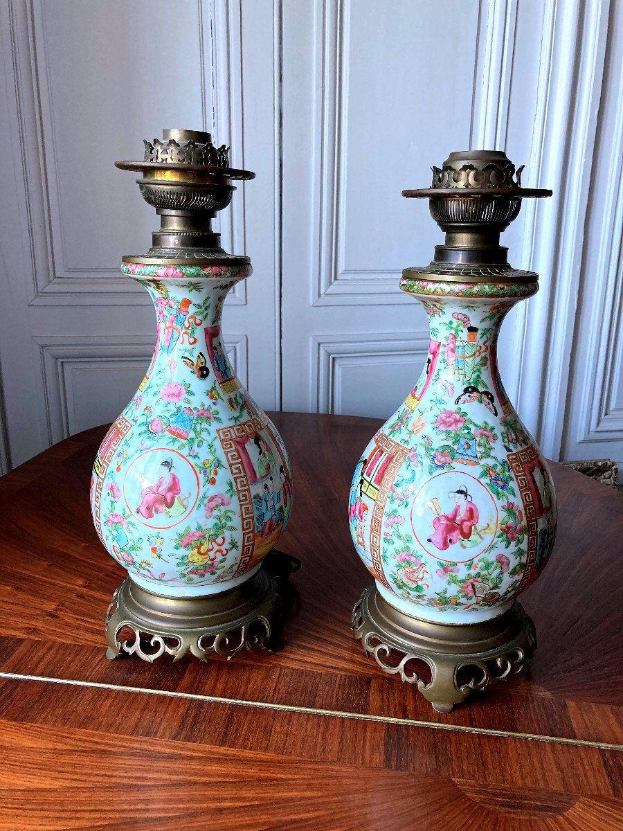 Pair Of Canton Porcelain Lamps Guangxu Period Pink Family-photo-2