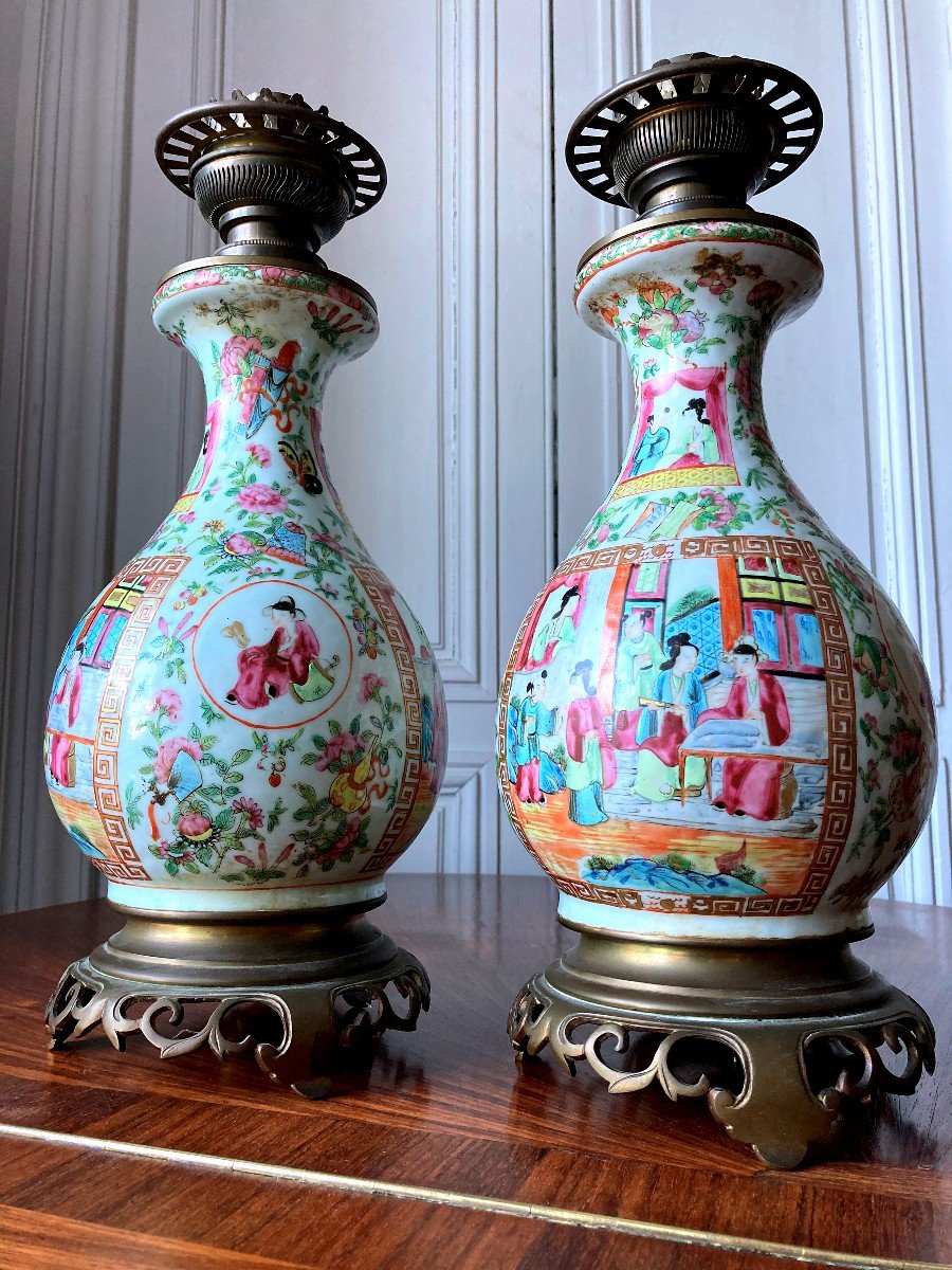 Pair Of Canton Porcelain Lamps Guangxu Period Pink Family-photo-3