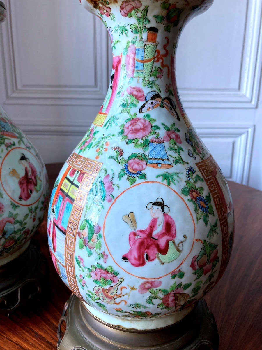 Pair Of Canton Porcelain Lamps Guangxu Period Pink Family-photo-3