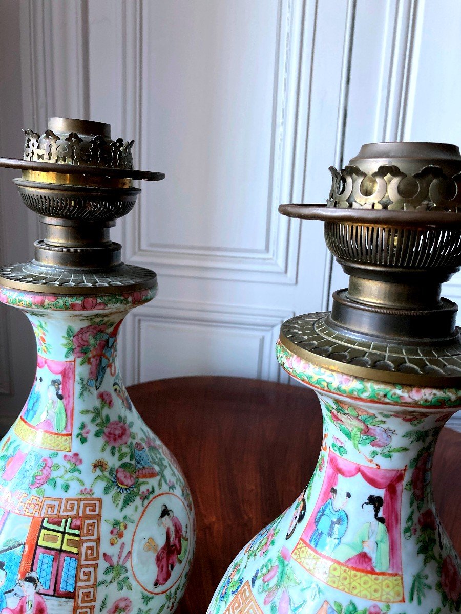 Pair Of Canton Porcelain Lamps Guangxu Period Pink Family-photo-2