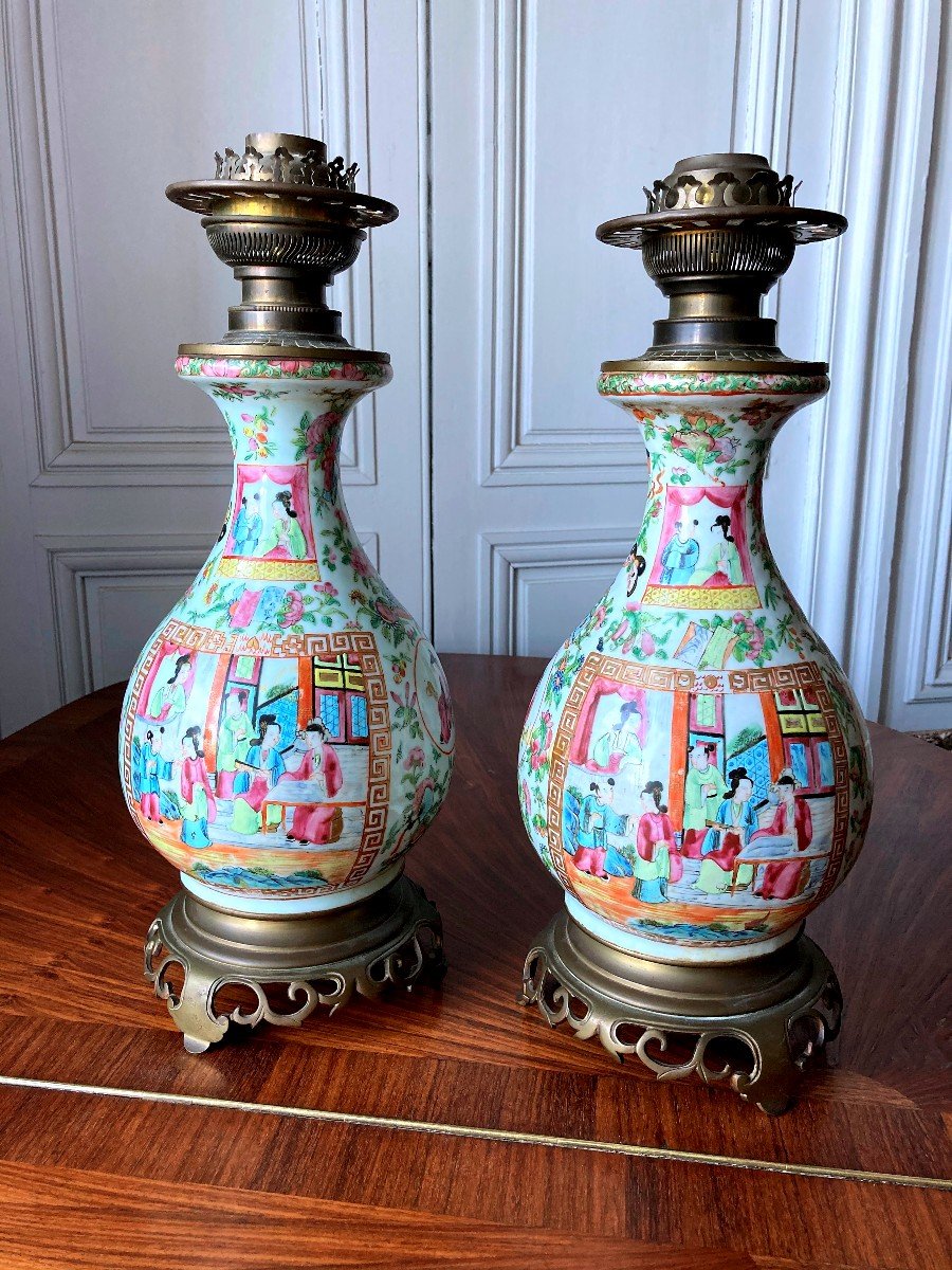 Pair Of Canton Porcelain Lamps Guangxu Period Pink Family-photo-1