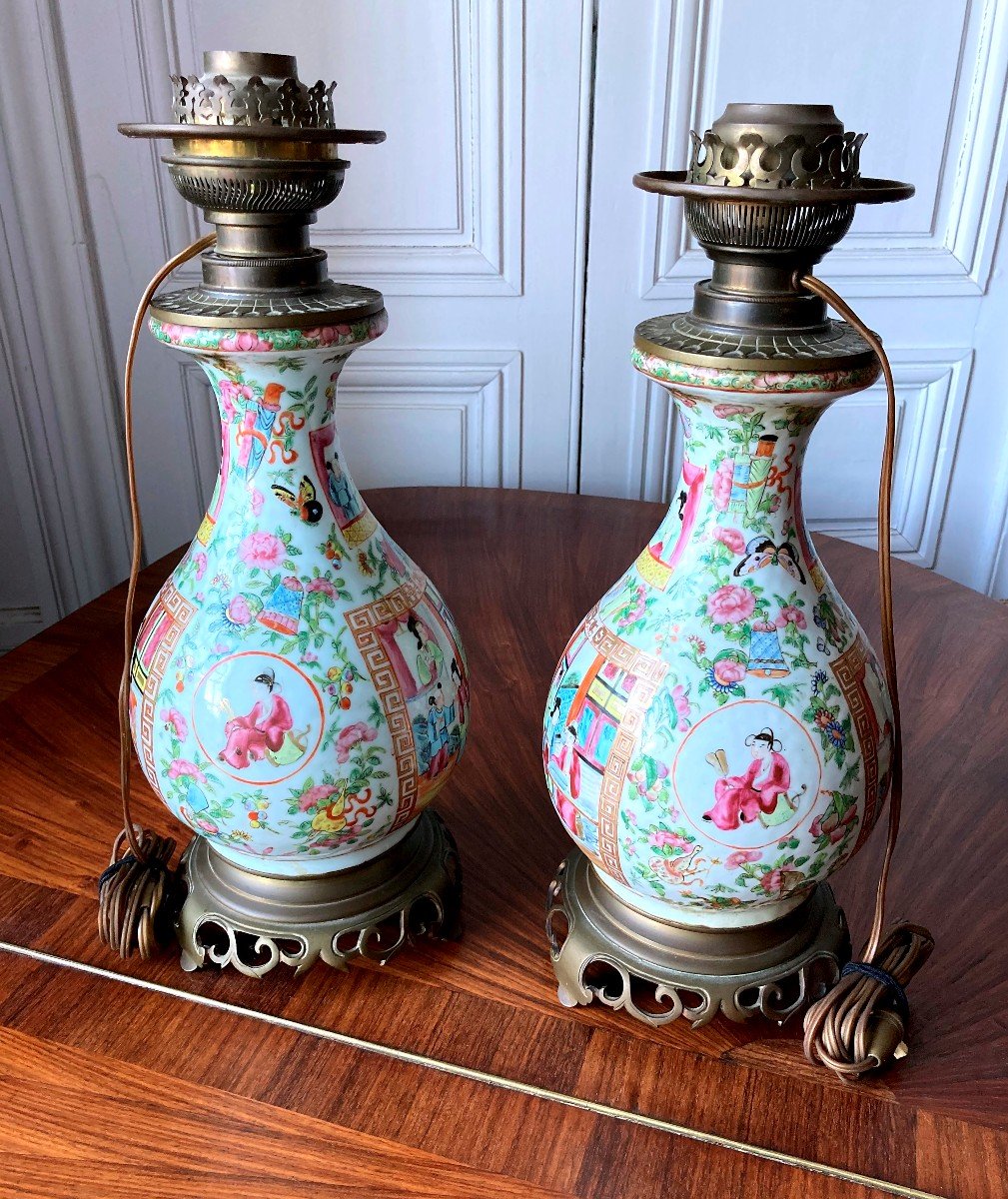 Pair Of Canton Porcelain Lamps Guangxu Period Pink Family-photo-5