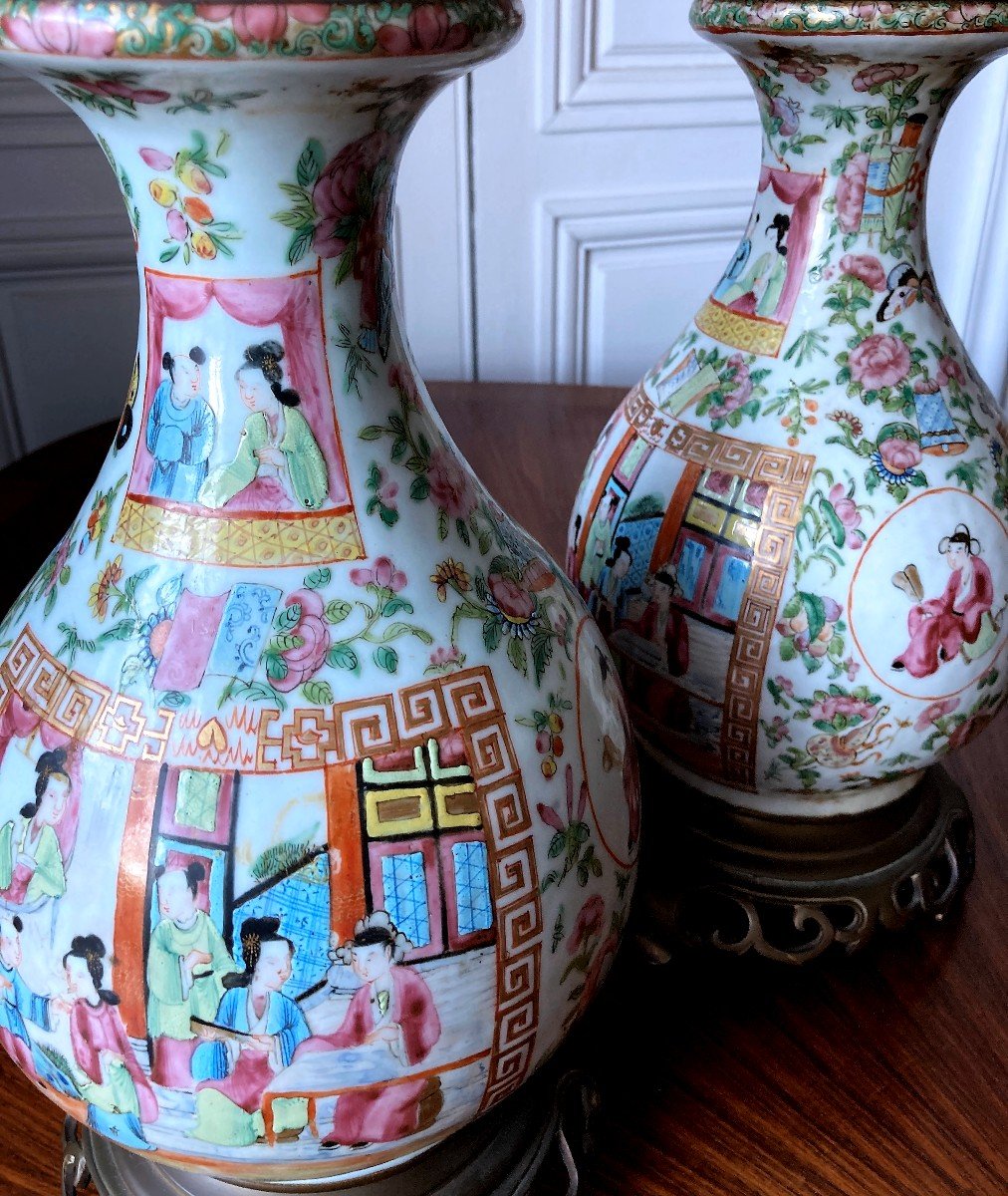 Pair Of Canton Porcelain Lamps Guangxu Period Pink Family-photo-4