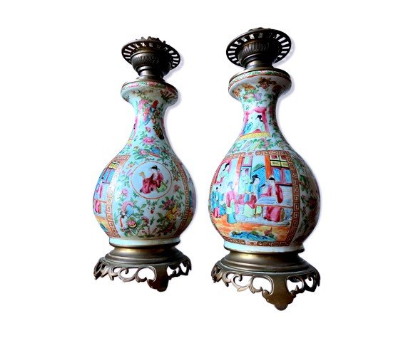 Pair Of Canton Porcelain Lamps Guangxu Period Pink Family