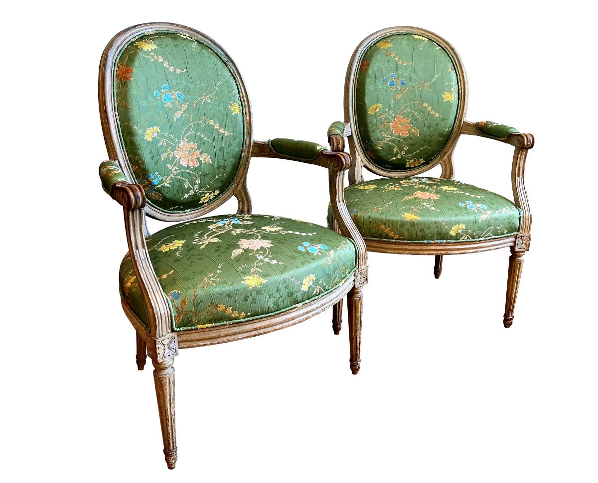 Paire De Fauteuils Louis XVI En Soie XVIIIe Siècle-photo-4