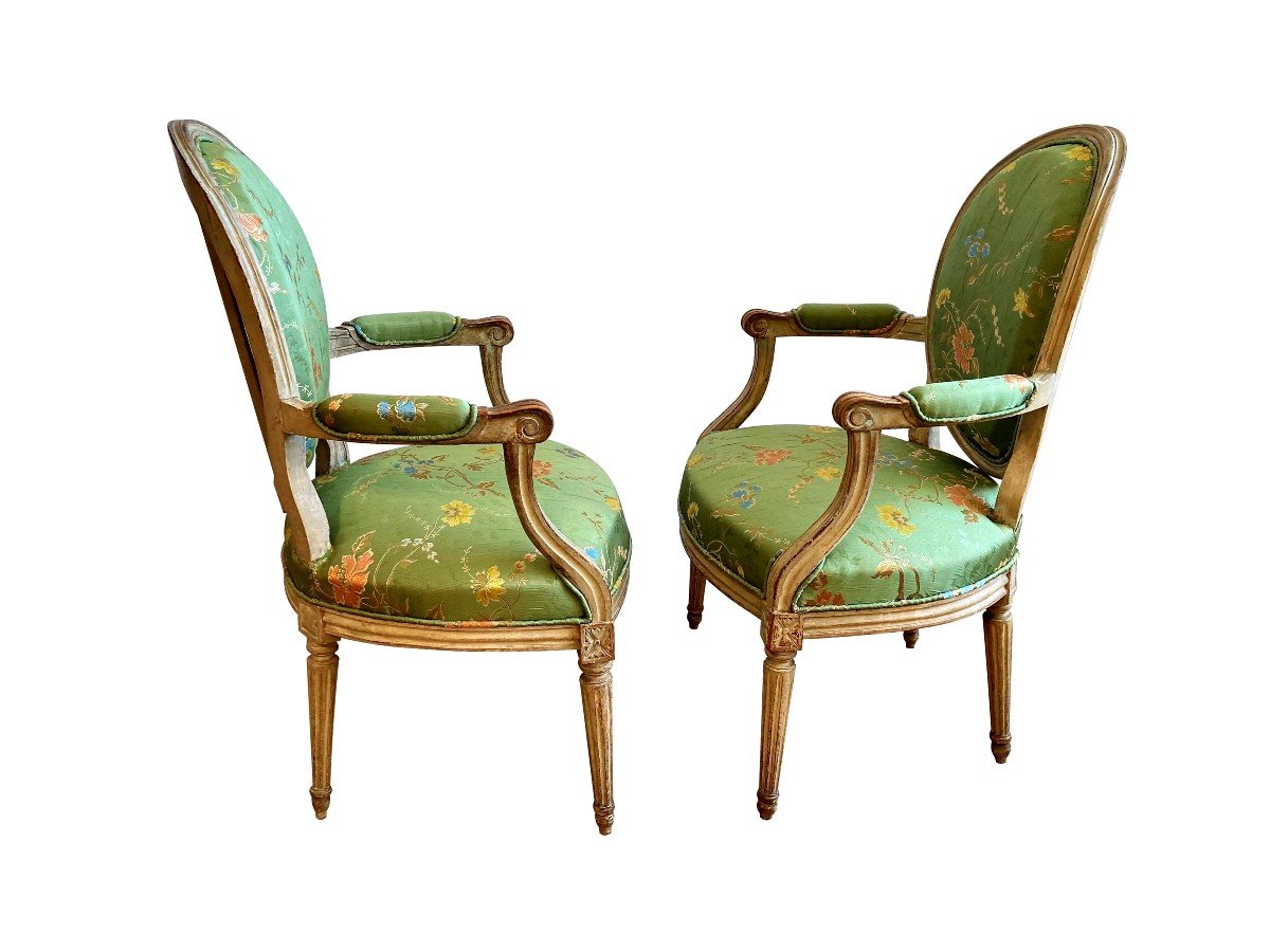 Paire De Fauteuils Louis XVI En Soie XVIIIe Siècle-photo-5