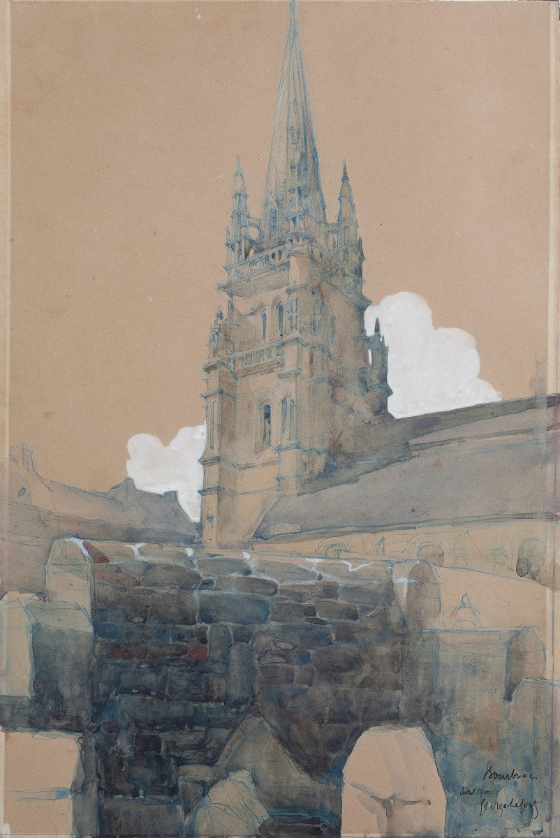 Georges Lefort Original Watercolor Drawing 1900 Church Of Saint-briac De Bourbriac Côtes-d'armor