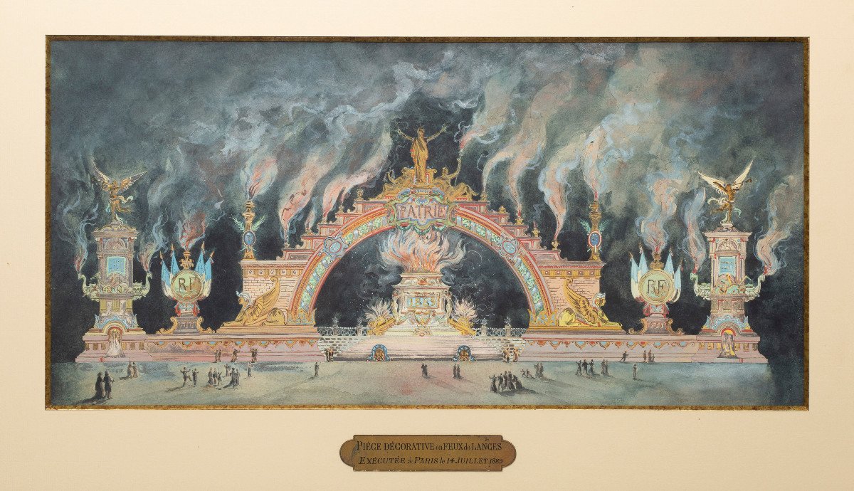 Feux d'Artifice à Paris Le 14 Juillet 1889 Dessin Aquarelle Et Gouache-photo-2