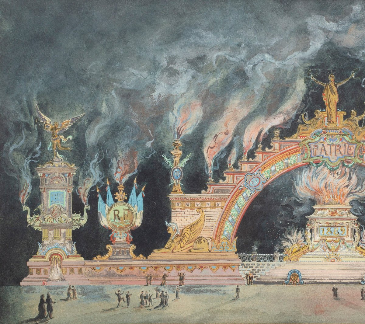 Feux d'Artifice à Paris Le 14 Juillet 1889 Dessin Aquarelle Et Gouache-photo-3