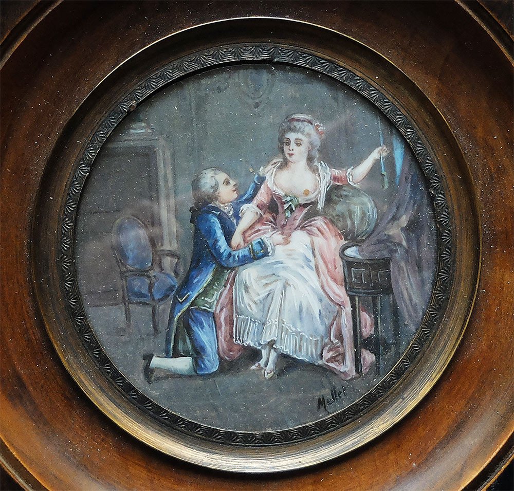 Seduction Scene: Painted Miniature Signed Mellet, 19th Century