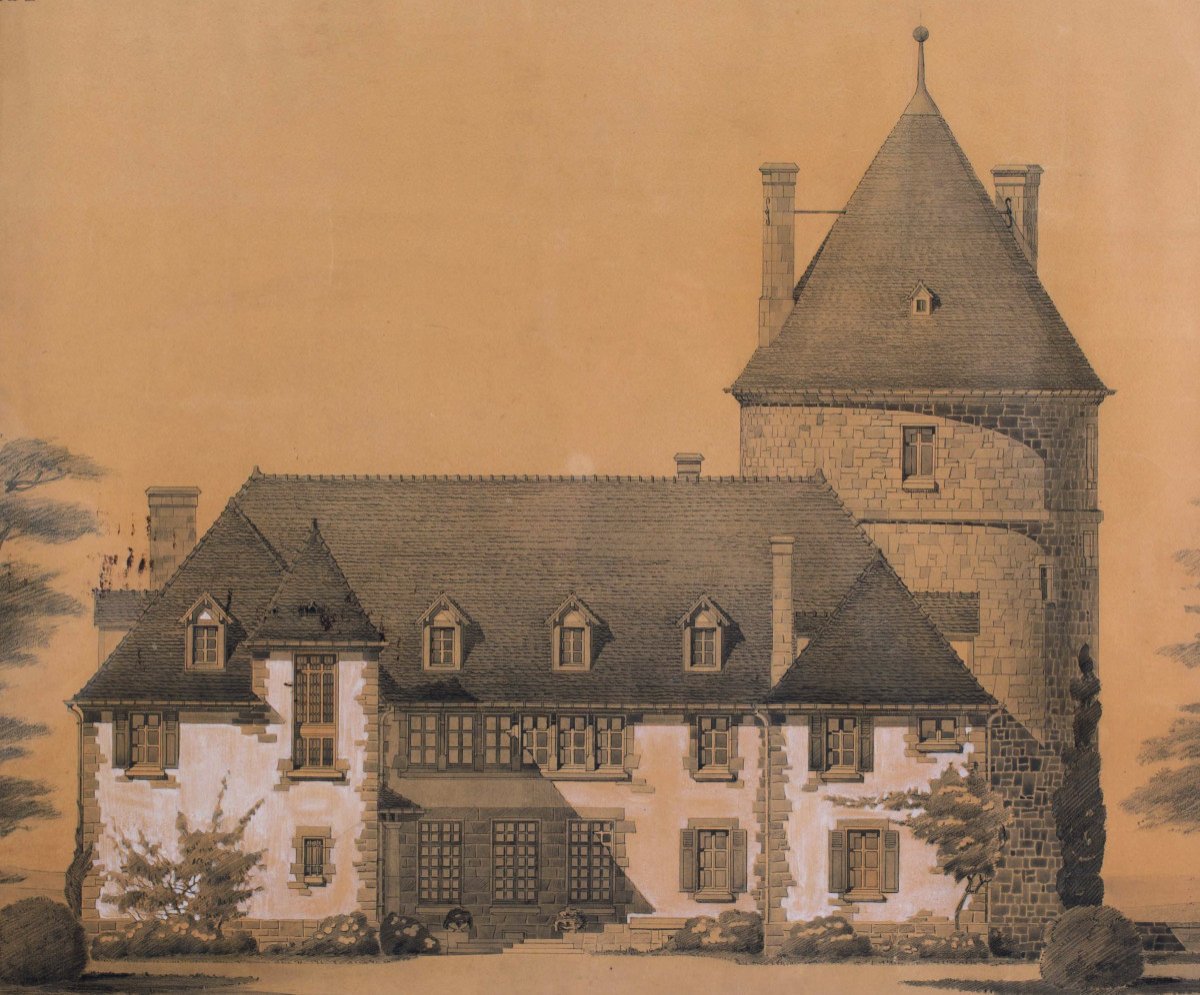Jacques Schulé Dessin d'architecture original : Un Manoir en Alsace, façade nord c.1920-1930-photo-2