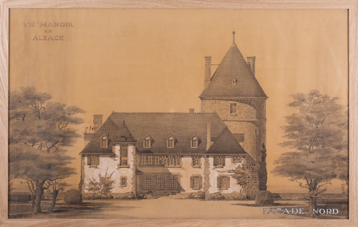 Jacques Schulé Dessin d'architecture original : Un Manoir en Alsace, façade nord c.1920-1930-photo-3