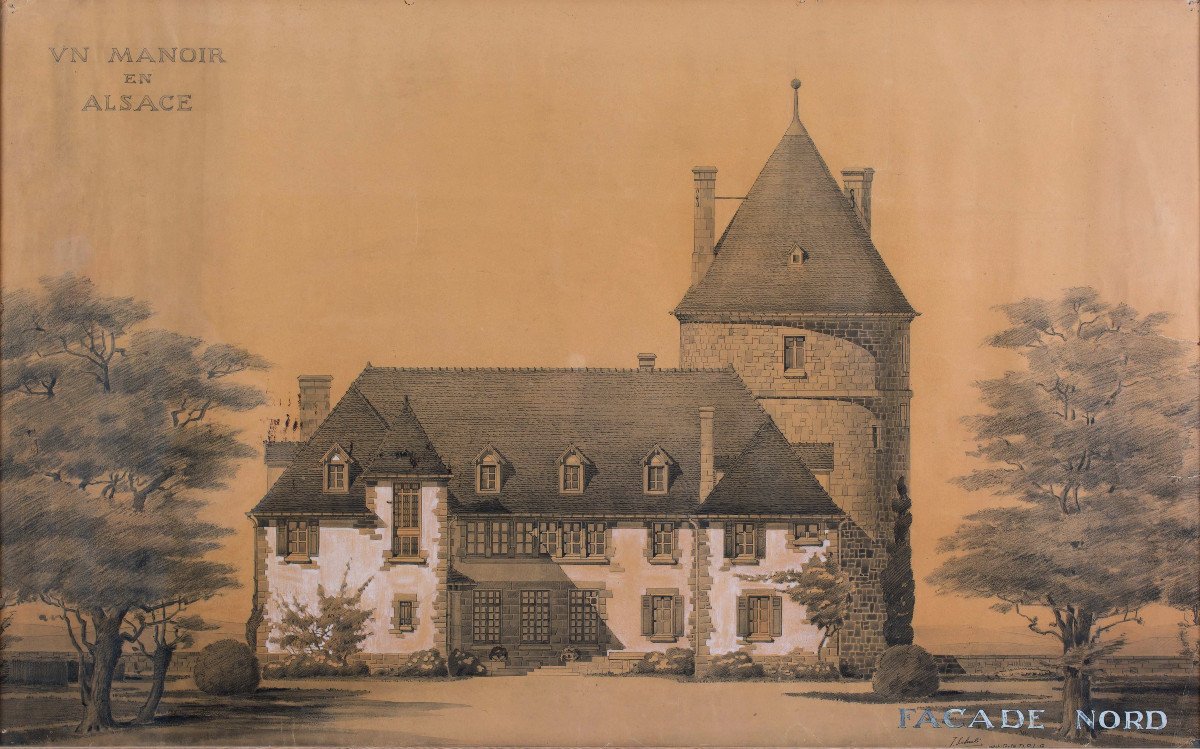 Jacques Schulé Dessin d'architecture original : Un Manoir en Alsace, façade nord c.1920-1930
