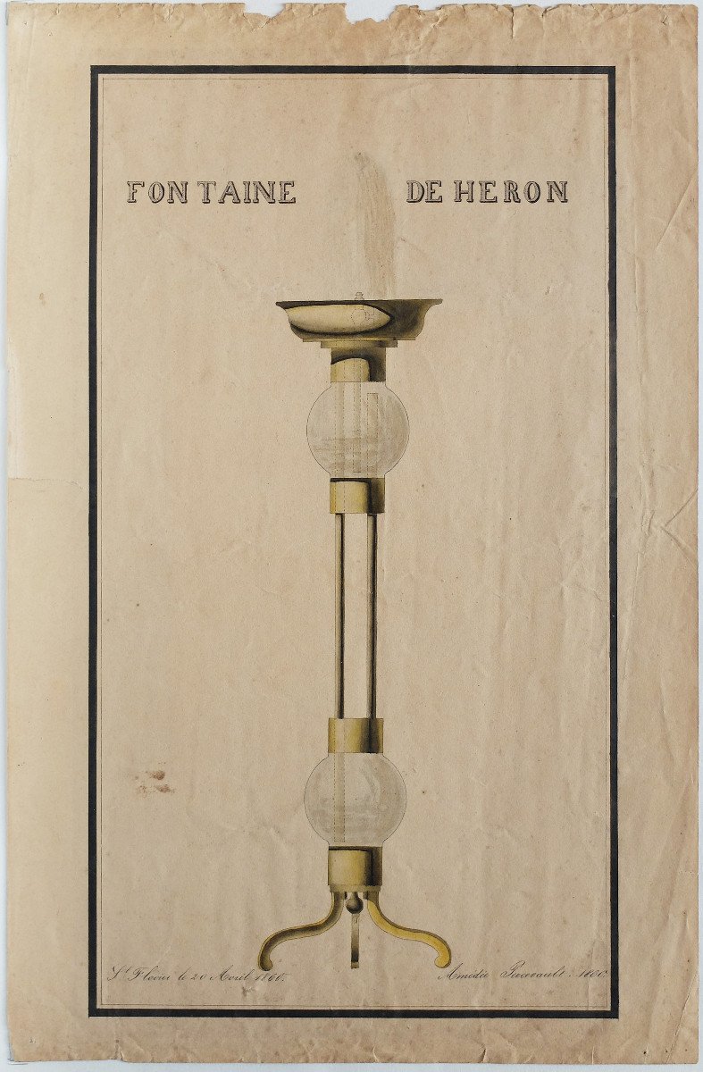Dessin original 1860 Fontaine de Héron, Hydraulique, Amédée Percevault libraire, Saint-flovier