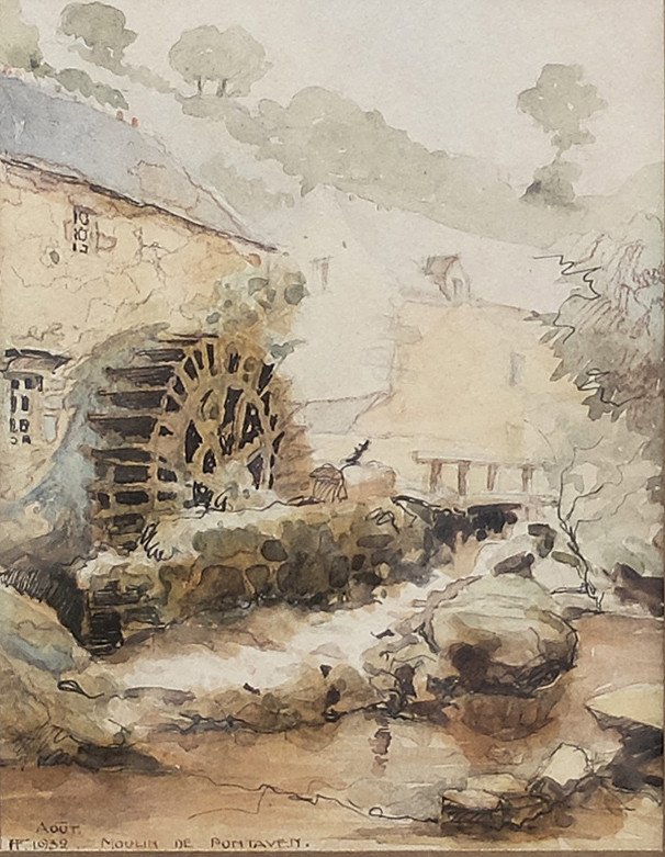 Aquarelle originale encadrée Att. Albert Feuillastre 1932 Vue du Moulin de Pont-Aven Finistère-photo-2